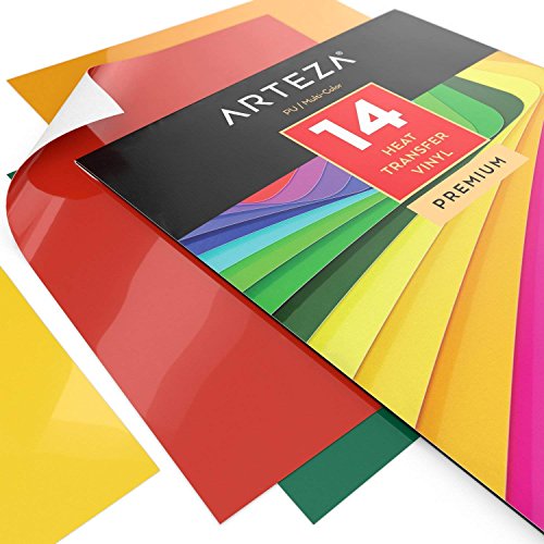 ARTEZA HTV Vinyl Bundle, 14 Multi-Color Iron On Heat Transfer Sheets, 10x12 Inches, Flexible & Easy to Weed, Use with Any Craft Cutting Machine, ARTEZA