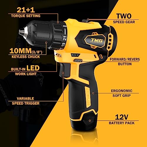 TMG 12V Max Brushless Drill and Impact Driver, Cordless Power Tool Combo Kit, 2-Tool Lithium-Ion Tool Set with 2.0 Ah batteries and Bag - WoodArtSupply