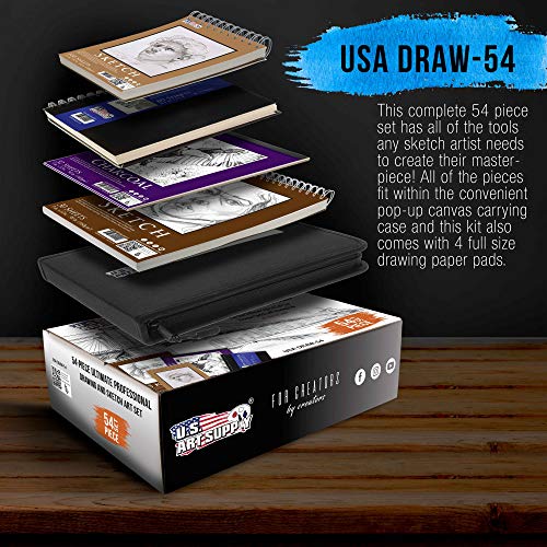 U.S. Art Supply 54-Piece Drawing & Sketching Art Set with 4 Sketch Pads (242 Paper Sheets) -Ultimate Artist Kit, Graphite and Charcoal Pencils &