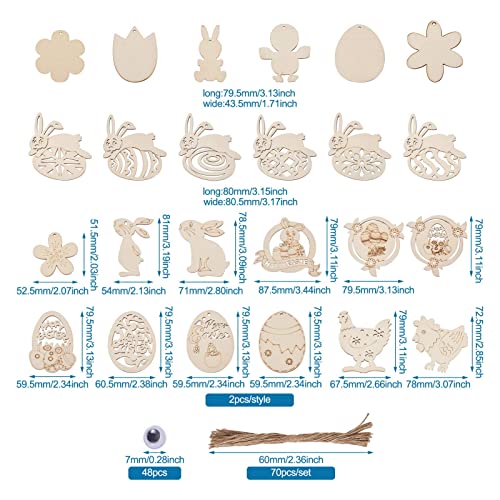 Pandahall 48pcs Unfinished Wood Easter Ornaments Egg Bunny Duck Tulip Chicks Wooden Blank Cutout Slices with 70pcs Hemp Cord 48pcs Wiggle Googly Eyes PH PandaHall