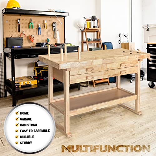 Olympia Tools 60-Inch Wooden Workbench - Rubberwood Workbench with 4-Drawer, 450lbs Weight Capacity - Perfect Workbench for Garage, Workshop and