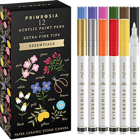 Primrosia 12 Essential Acrylic Paint Pens – Extra Fine Tip Markers Set. Primary Colors with Metallic Silver and Gold. Great for DIY Craft, Paper, Primrosia