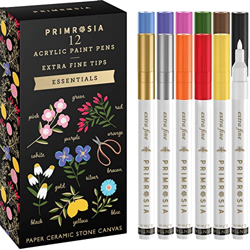 Primrosia 12 Essential Acrylic Paint Pens – Extra Fine Tip Markers Set. Primary Colors with Metallic Silver and Gold. Great for DIY Craft, Paper, - WoodArtSupply