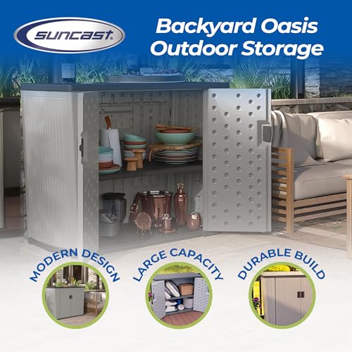 Suncast Backyard Oasis 130 Gallon, Outdoor Storage Shed Basic Unit Easy to Clean with Top Lid, Plastic, 150 pounds Capacity, Dove Gray Suncast