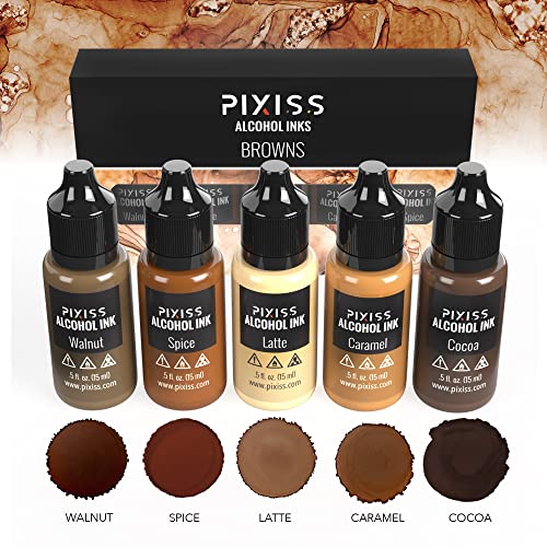 Pixiss Brown Alcohol Ink Set - 5 Shades of Highly Saturated Alcohol Ink for Epoxy Resin Supplies, Yupo Paper, Tumblers, Coasters - Resin Colorant for - WoodArtSupply