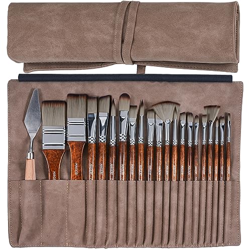 HAGERI 20 Pieces Paint Brushes, Expert Synthetic Nylon Bristles Paint Brush Kit with Palette Knife & Deluxe Leather Roll, Paint Brushes Set for Oil,