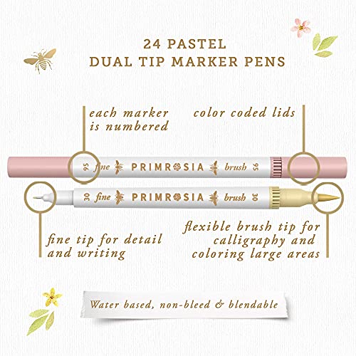 Primrosia 24 Pastel Dual Tip Markers, Fine Tip and Brush Pens. Perfect for art, illustration, drawing, calligraphy and bullet journals Primrosia