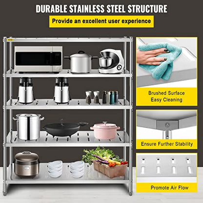 VEVOR Storage Shelf, 5-Tier Storage Shelving Unit, Stainless Steel Garage Shelf, 59.1 x 17.7 x 70.9 inch Heavy Duty Storage Shelving, 661 Lbs Total - WoodArtSupply