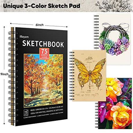 iBayam 78-Pack Drawing Set Sketching Kit, Pro Art Supplies with 75 Sheets 3-Color Sketch Pad, Coloring Book, Charcoal, Metallic, Colored Watercolor, iBayam