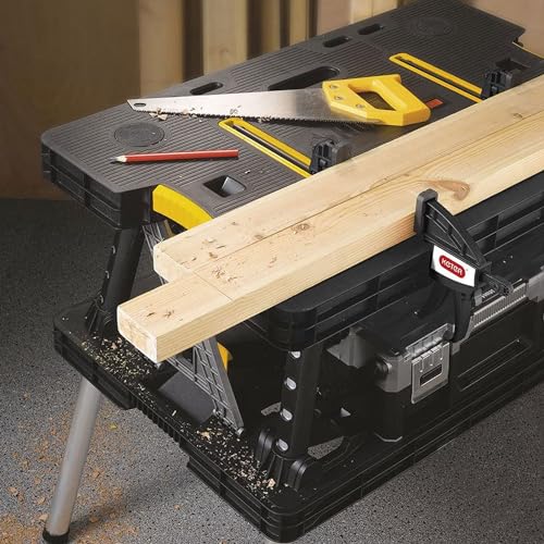 Keter Portable Folding Work Table Tool Storage Stand Workbench with 12 Inch Wood Clamps for Saws, Home Improvement, and Construction - WoodArtSupply