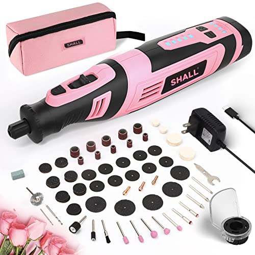 SHALL 8V Cordless Rotary Tool Kit, Pink Lightweight 2.5 Ah Battery Rechargeable Rotary Tool w/ 121 Accessories, 5-Speed Power Rotary Tool for SHALL