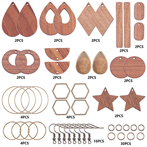 SUNNYCLUE 1 Box DIY 8 Pairs Wooden Dangle Earrings Geometric Wood Earrings Making Starter Kit with 16Pcs Earring Hooks 30Pcs Jump Rings for Women SUNNYCLUE