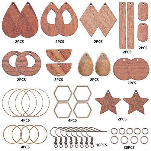 SUNNYCLUE 1 Box DIY 8 Pairs Wooden Dangle Earrings Geometric Wood Earrings Making Starter Kit with 16Pcs Earring Hooks 30Pcs Jump Rings for Women