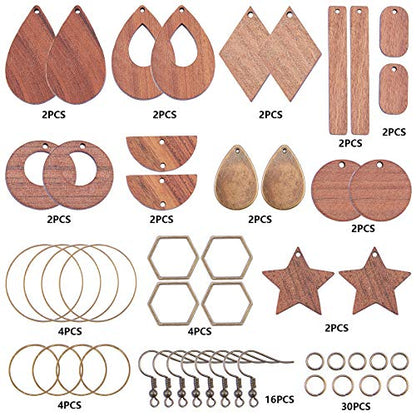 SUNNYCLUE 1 Box DIY 8 Pairs Wooden Dangle Earrings Geometric Wood Earrings Making Starter Kit with 16Pcs Earring Hooks 30Pcs Jump Rings for Women