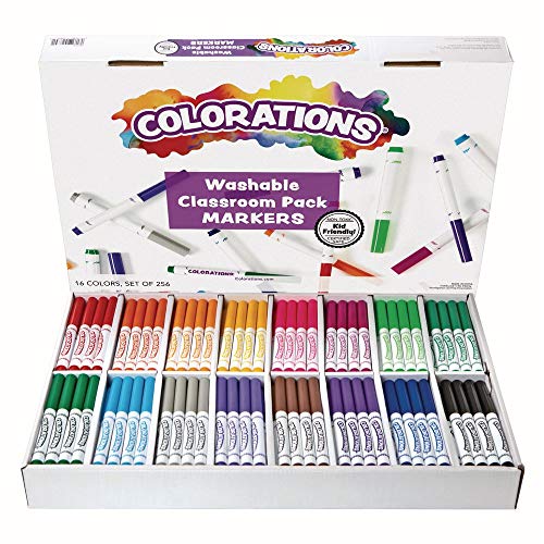 Colorations Washable Markers, Set of 256, 16 Colors, Non Toxic | Bulk Art Supplies For Kids, Classroom Kit, Coloring Class Pack, Crafting Materials - WoodArtSupply