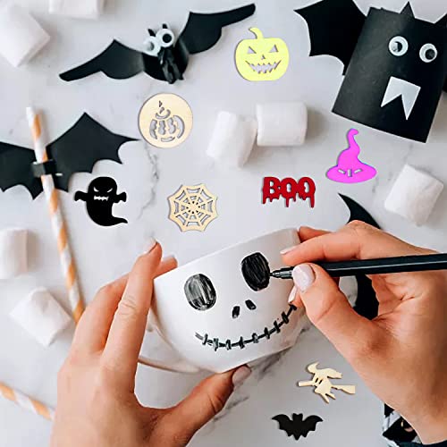 yueton 100PCS Mini Pumpkins Ghosts Spider Webs Witch Hats Bats Halloween Unfinished Blank Wood Pieces Wood Slices Wood Chips Embellishments for DIY