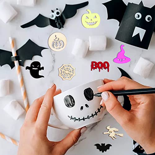 yueton 100PCS Mini Pumpkins Ghosts Spider Webs Witch Hats Bats Halloween Unfinished Blank Wood Pieces Wood Slices Wood Chips Embellishments for DIY - WoodArtSupply