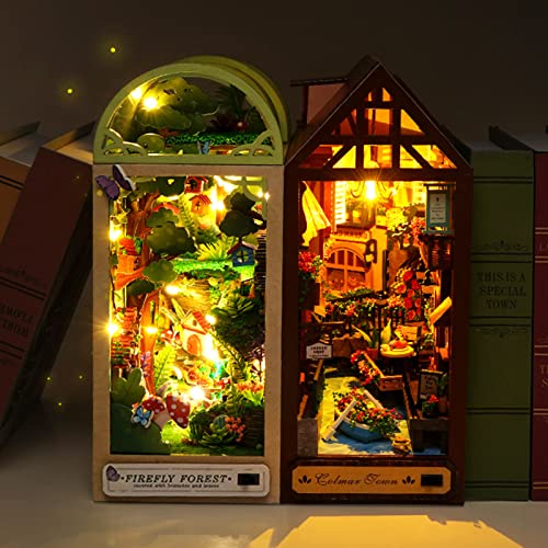 Spilay DIY Dollhouse Miniature Book Nook Assemble Kit,3D Wooden Puzzle Bookshelf Insert Decor with Light,Bookends Model Build-Creativity Kit for