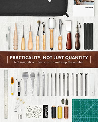 FifthQuarter Leather Tooling Kit: 58 Pcs Essential Leather Working Tools and Supplies for Starter with Guide Leather Craft Tool Kits with Organizer FifthQuarter