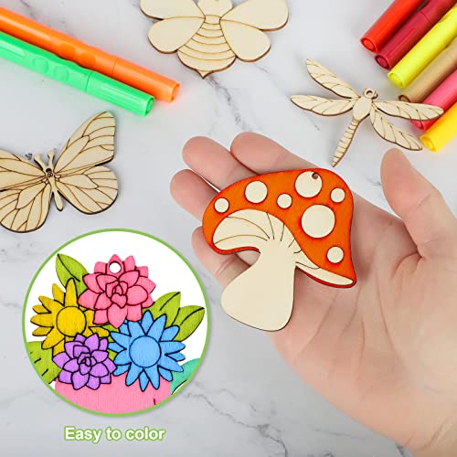 80PCS Wooden Spring Ornaments to Paint, 8 Styles DIY Blank Unfinished Wood Cutouts Ornament for Home Crafts Hanging Decorations, Insect Dragonfly