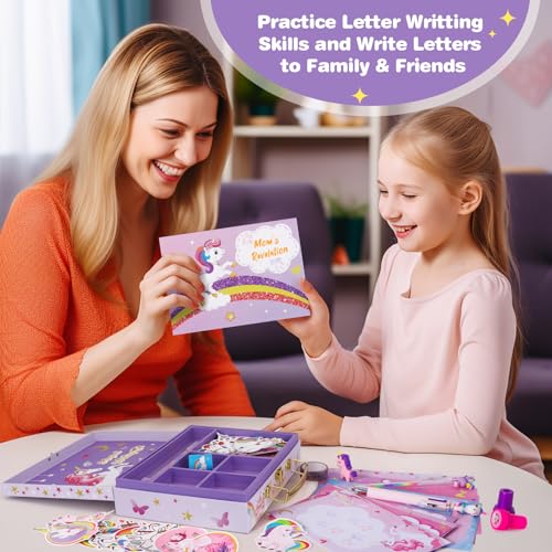 homicozy Unicorn Kids Stationary Set for Girls, Unicorns Gifts For Girls Ages 5 6 7 8 9 10 11 Year Old, Letter Writing Crafting Kit with Storage Box, - WoodArtSupply