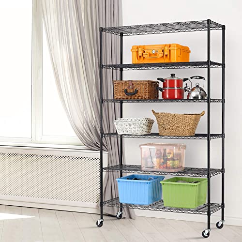 HCY 6-Tier Storage Shelf Heavy Duty Shelving Unit NSF Height Adjustable Metal Rack with Wheels for Laundry Bathroom Kitchen Garage Pantry HCY