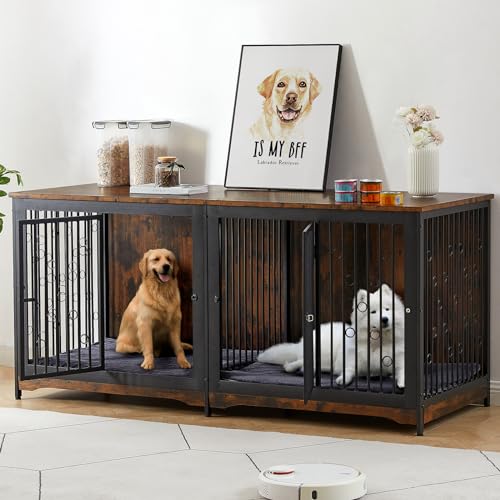 Lyromix 70.86'' Dog Crate Furniture Large Breed TV Stand with Cushion & Double Rooms,Wooden Dog Kennel Dog Crate End Table with Removable Divider for - WoodArtSupply