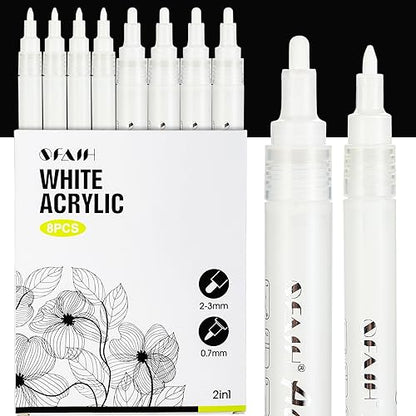 SFAIH Acrylic White Paint Pens - 8 Pack 2-3MM Medium Tip & 0.7MM Extra Fine White Paint Marker for Rock Painting, Wood, Metal, Fabric, Plastic, - WoodArtSupply