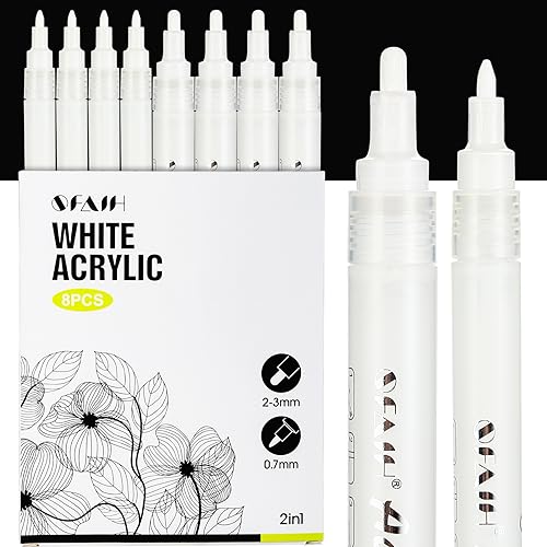 SFAIH Acrylic White Paint Pens - 8 Pack 2-3MM Medium Tip & 0.7MM Extra Fine White Paint Marker for Rock Painting, Wood, Metal, Fabric, Plastic, - WoodArtSupply