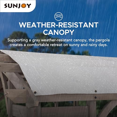 Sunjoy Arched Pergola 10 x 14 ft. Light Grey Outdoor Cedar Framed Wood Pergolas with Weather-Resistant Canopy for Patio, Garden, Backyard Activities - WoodArtSupply