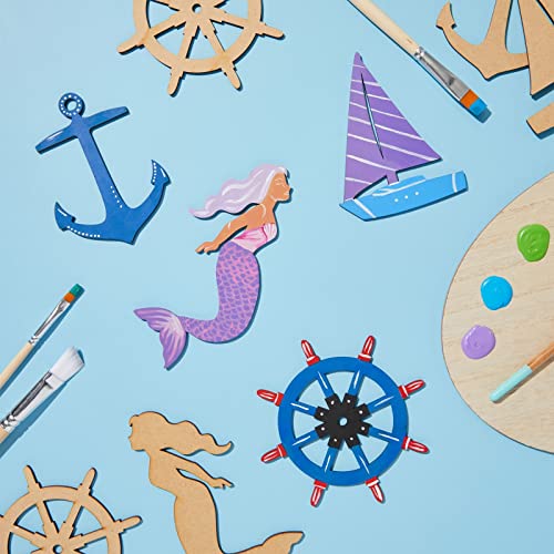 24 Pieces Unfinished Nautical Wood Cutouts for Crafts, Wooden Sailboat, Mermaid, Anchor, Ship Wheel for DIY Projects Genie Crafts
