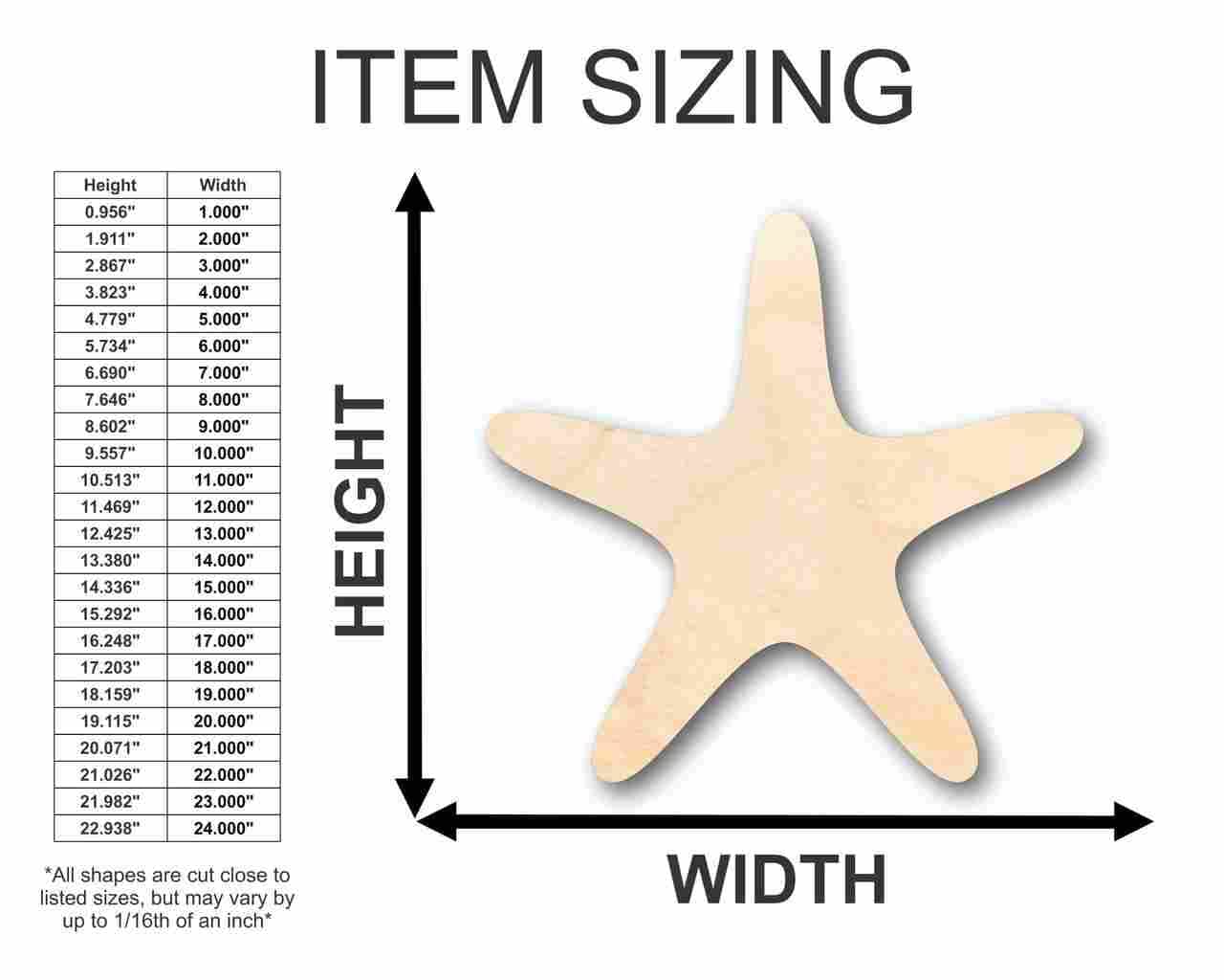 Unfinished Wood Starfish Shape - Ocean - Beach - Nursery - Craft - up to 24" DIY 8" / 1/2" - WoodArtSupply