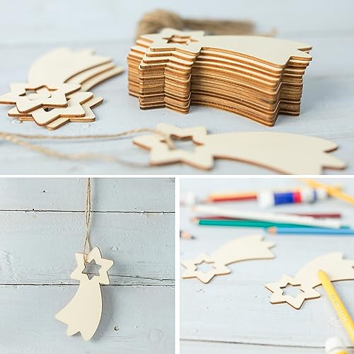 Wooden Christmas Stars Shape Unfinished Wood Stars Pieces Blank Wood Pieces Wooden with Twines Art Ornaments for Christmas Wedding Birthday Party - WoodArtSupply