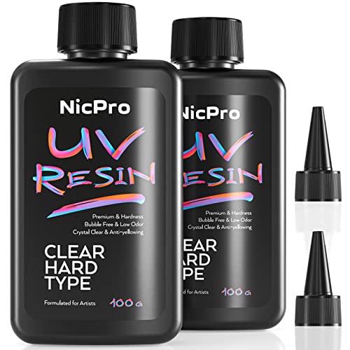 Nicpro UV Resin 200g, 2 PCS Upgrade Crystal Clear Ultraviolet Epoxy Resin Glue Kit, Low Odor & Quick Curing Sunlight Hard UV Resin for Jewelry Nicpro