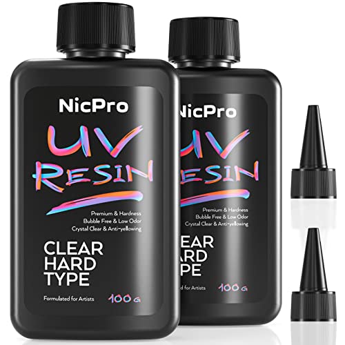 Nicpro UV Resin 200g, 2 PCS Upgrade Crystal Clear Ultraviolet Epoxy Resin Glue Kit, Low Odor & Quick Curing Sunlight Hard UV Resin for Jewelry