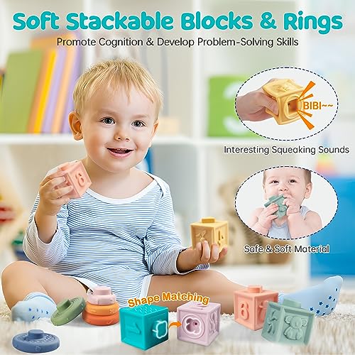 6 in 1 Montessori Baby Toys for 1 + Year Old, Infant Sensory Teething Toys for Babies 6-12 Months, Wooden Stacking Building Blocks Shape Sorter, - WoodArtSupply