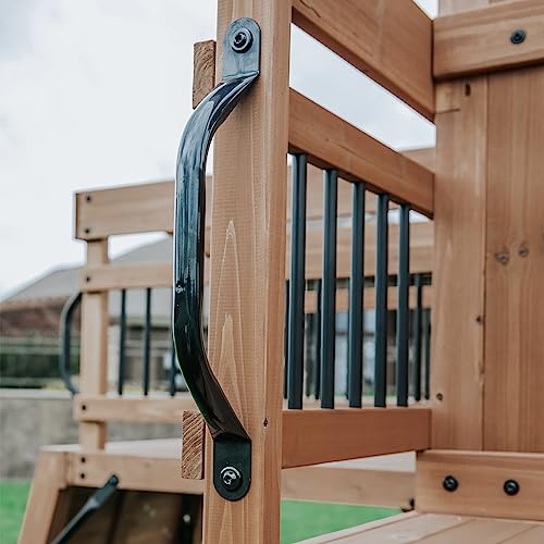 Backyard Discovery Sterling Point All Cedar Wooden Swing Set, Raised Clubhouse, Grey Wave Slide, Web Swing, Climbing Wall, 10ft Wave Slide, 2 Belt Backyard Discovery