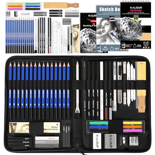 KALOUR 58 Pack Drawing Set Sketch Kit, Sketching Supplies with 3-Color Sketchbook,Graphite & Charcoal Pencils,A5 SketchBook,Tutorial, Pro Art Drawing - WoodArtSupply