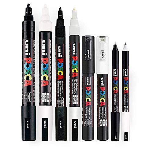 POSCA Black & White - Fine to Medium Set of 8 Pens PC-5M, PC-3M, PC-1M, PC-1MR - WoodArtSupply