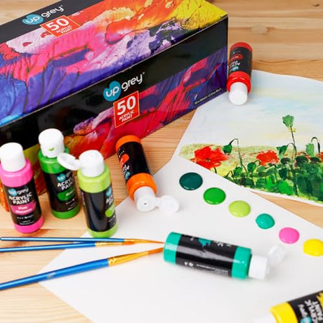 Acrylic Paint Set, Art Paints (2fl Oz/60ml ) Crafts Acrylic Paint For Kids And Adults with 5 Brushes, Non Toxic Metallic Acrylic Paints for Wood UPGREY