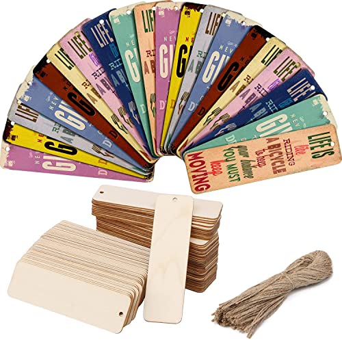 Blank Wood Bookmarks, 50 Pack Unfinished Wood Crafts, Hanging Tags Rectangle Shape Blank Bookmark Ornaments with Holes and Ropes for DIY Bookmarks