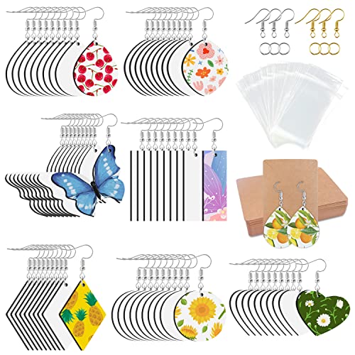 360pcs Sublimation Blanks Products, 7 Styles 70pcs Sublimation Earrings Blanks Wood Earring Blanks, Earring Hooks,Jump Rings, Cardboard Holder, Clear