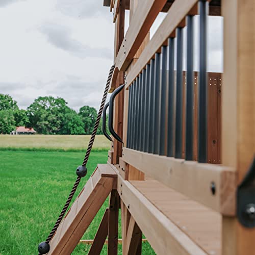 Backyard Discovery Sterling Point All Cedar Wooden Swing Set, Raised Clubhouse, Grey Wave Slide, Web Swing, Climbing Wall, 10ft Wave Slide, 2 Belt Backyard Discovery