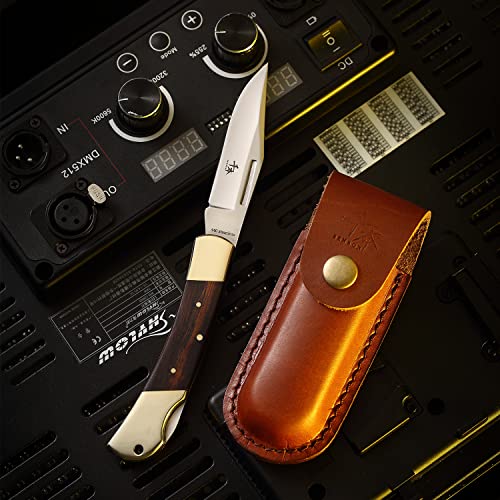 SENBON folding lock back knife 4in 440a sharp outdoor knife sand iron wood copper handle with Leather Sheath SENBON