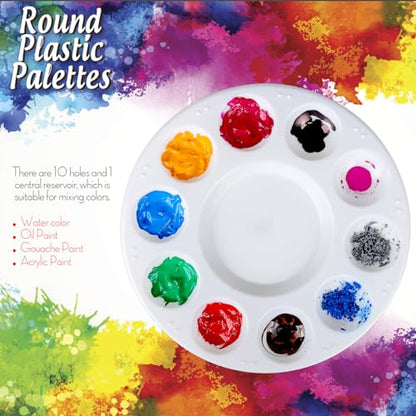 FANDAMEI Round Paint Tray Palettes and Paint Brushes Set, Paintbrushes, 3 PCS Plastic Paint Palettes Pallets, 10 PCS Acrylic Paint Brushes, Nylon