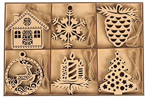 Inkdotpot 18pcs Wooden Christmas Ornaments, Unfinished Wooden Laser Cutouts Snowflakes/Tree Shaped Embellishments Hanging Ornament for Christmas Inkdotpot
