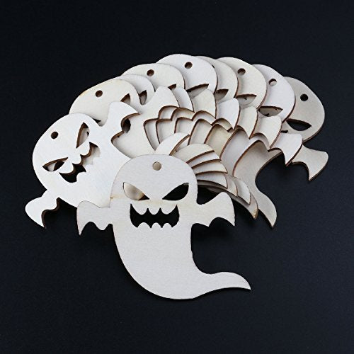 VOSAREA 10PCS Halloween Decoration Snicker Ghost Pendant with Hemp Ropes Hanging Embellishments Decotaitve Wooden Pieces Crafts Cutout Shape VOSAREA