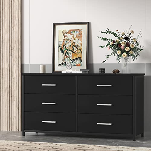 IKENO 6 Drawer Double Dresser, Industrial Wood Dresser for Bedroom, Storage Cabinet with Sturdy Steel Frame - WoodArtSupply