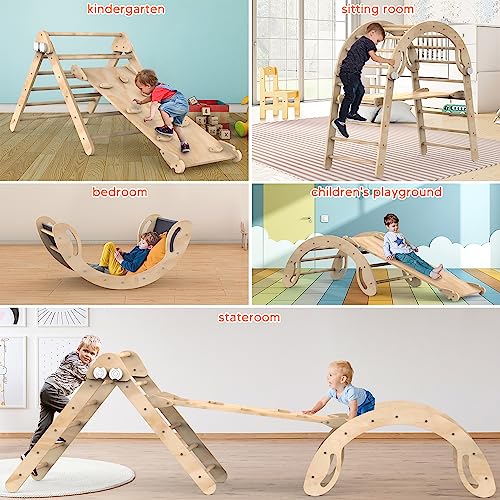 Climbing Toys for Toddlers, Multifunction Toddler Climbing Toys Indoor, Montessori Wooden Triangle Climbing Toys with Sliding Ramp, Multifunction