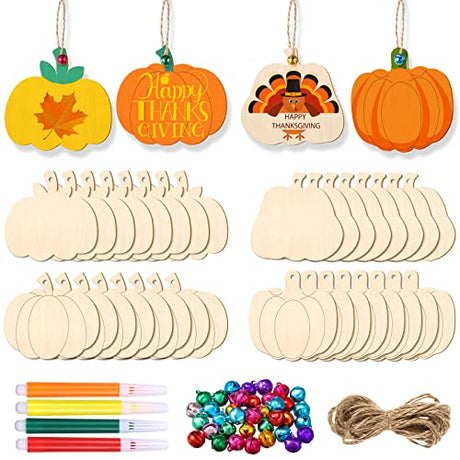 32 Pieces Thanksgiving Wooden Pumpkin Cutouts Unfinished Wood Pumpkins Decoration Autumn Blank Unfinished Craft Pumpkin Ornaments with 32 Jingle Jetec